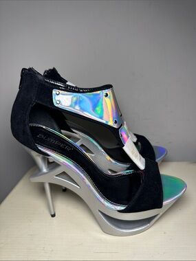Bumper rare Black Suede futuristic platform Heels with Iridescent Holographic
